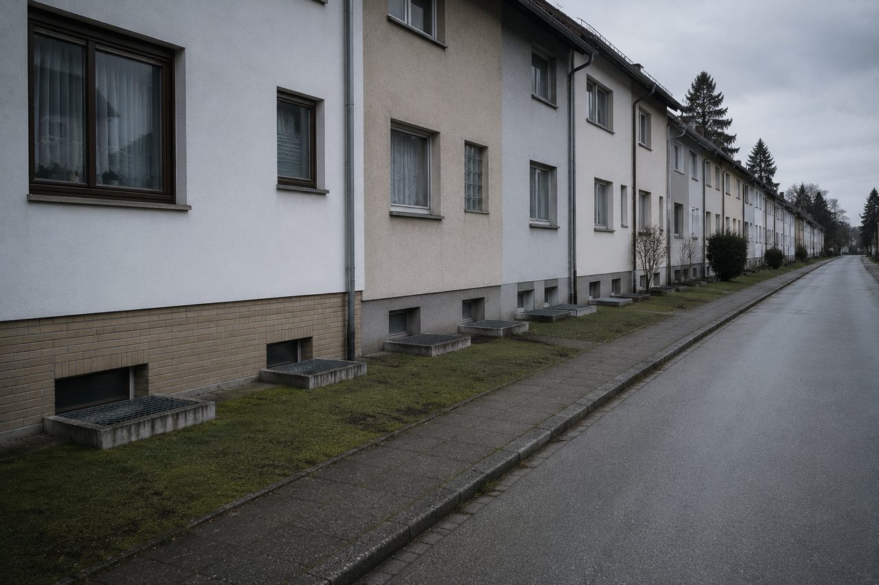 Wohnstraße mit einer Reihe Einfamilienhäuser, an jedem Sockel ein Kellerlichtschacht
