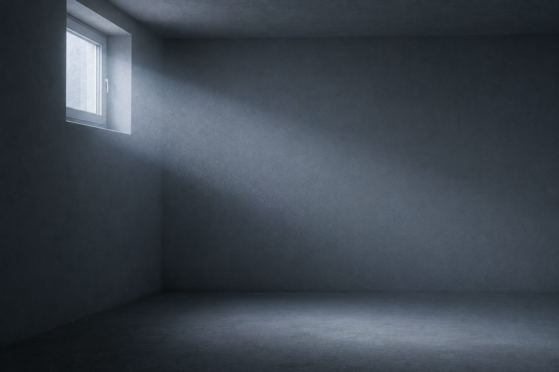 Leerer Keller, in dem ein Lichtstrahl mit sichtbarem Staub steht